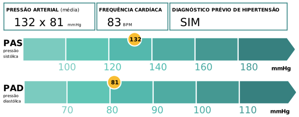 Detalhe do resultado de medida da pressão arterial e frequência cardíaca em paciente com diagnóstico prévio de hipertensão arterial. Declaração de Serviço Farmacêutico ©2019 Clinicarx.