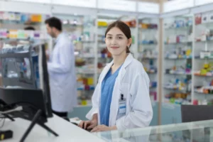 Dados sobre serviços clínicos: foto de farmacêutica no computador.