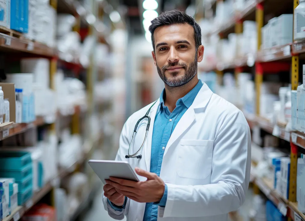 Tecnologia na farmácia clínica: farmacêutico com tablet.