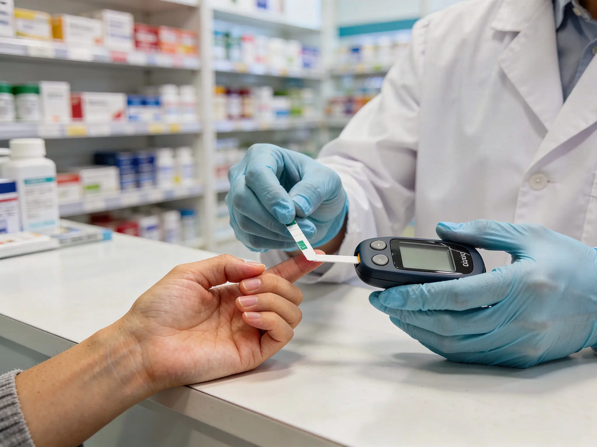 Foto de exame rápido de glicemia sendo realizado em farmácia.