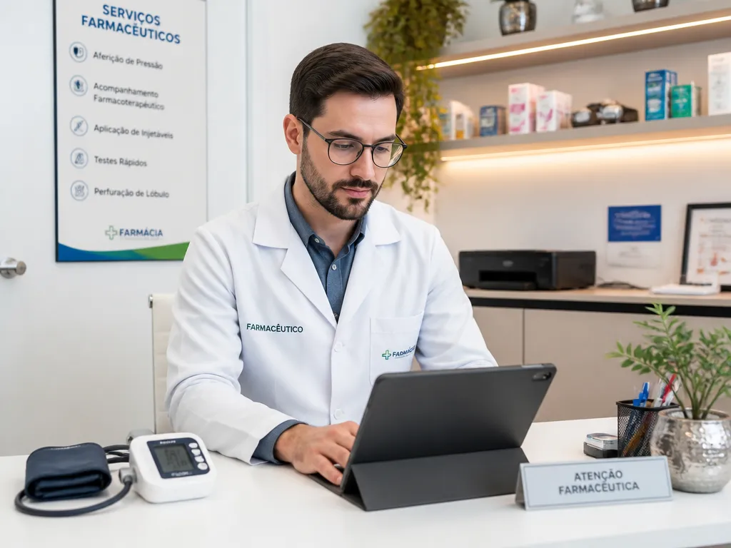 Foto ilustrativa de farmacêutico consultando tablet.