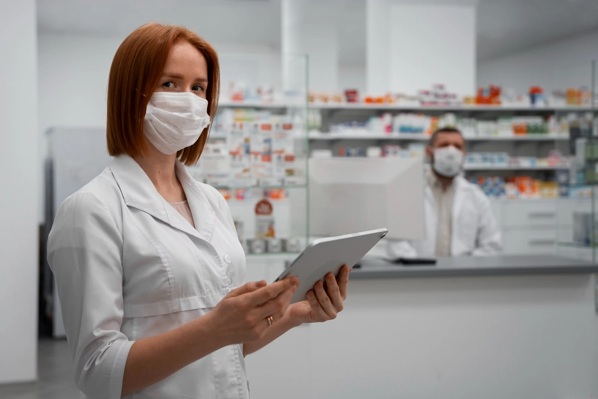 Inovação na Farmácia: farmacêutica consultando tablet na loja
